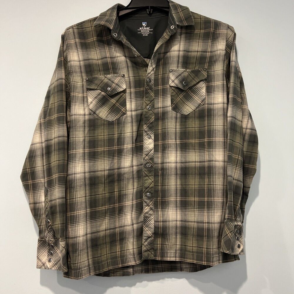KUHL Lowdown Flannel Shirt Mens MPearl Snap Plaid Green Outdoor Hike Western